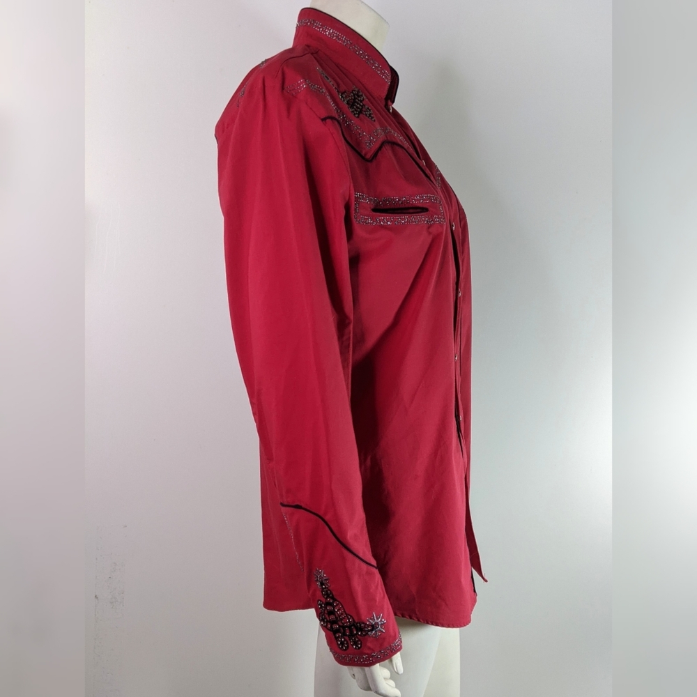 Unisex Red Western Pearl Snap Embellished Shirt Small Southwestern - Picture 3 of 11